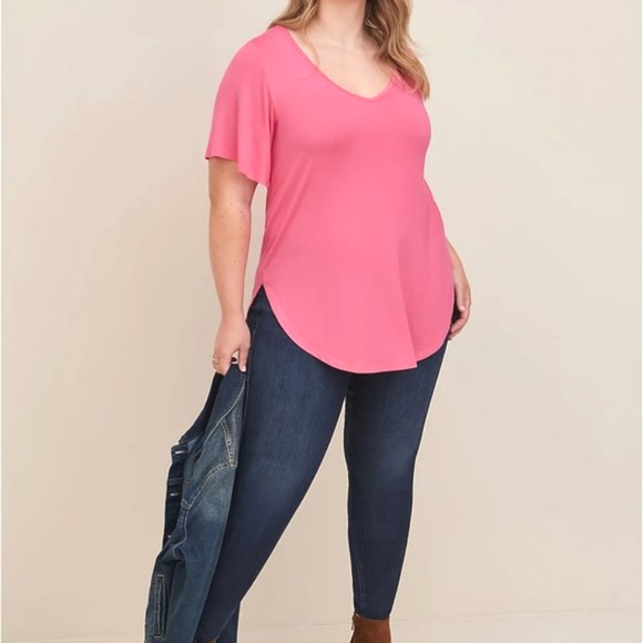 ❤NWT VINTAGE TORRID TUNIC SUPER SOFT V-NECK PINK BELL BUTTERFLY SLEEVE TEE - 2X - Picture 2 of 9